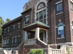 Original Mission heritage building with restored masonry and stairs