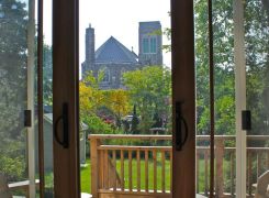 View to garden through oak french doors